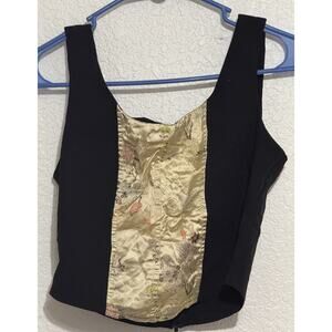 Select Cropped Tank Top Silky Floral Decor Gold Black Size 16